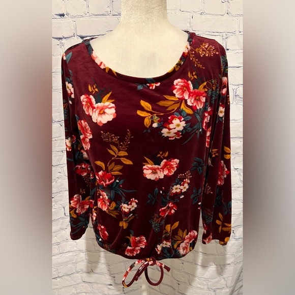 Loft Floral Velour Drawstring Hem Women's Burgundy Top Size Small - Picture 2 of 6